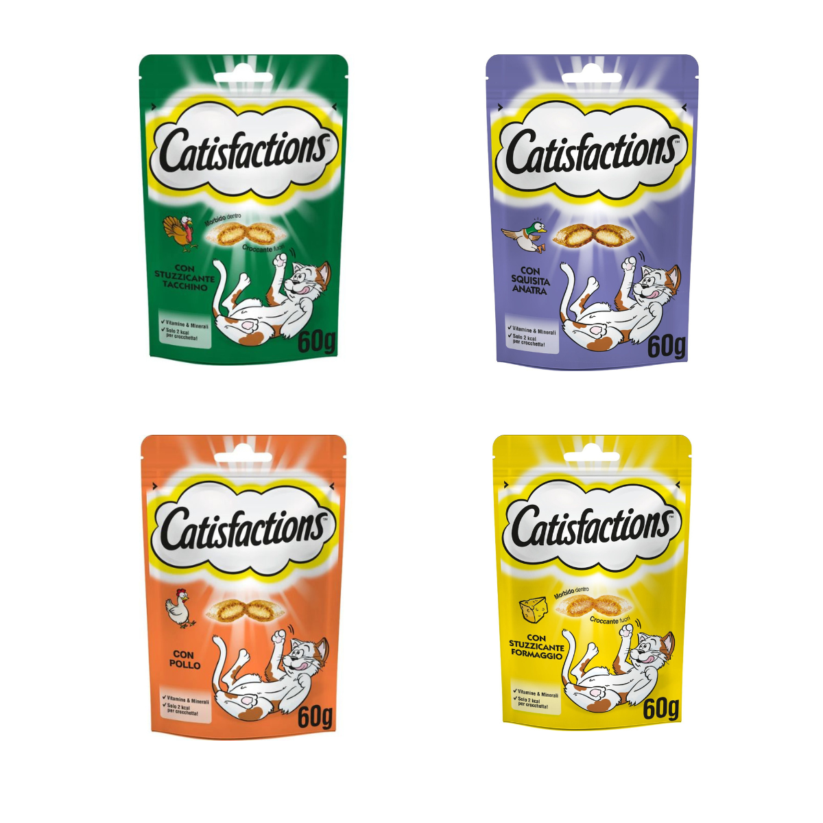 4x Catisfactions con Pollo, Formaggio, Anatra, Tacchino 60gr 4x Catisfactions con Pollo, Formaggio, Anatra, Tacchino 60gr